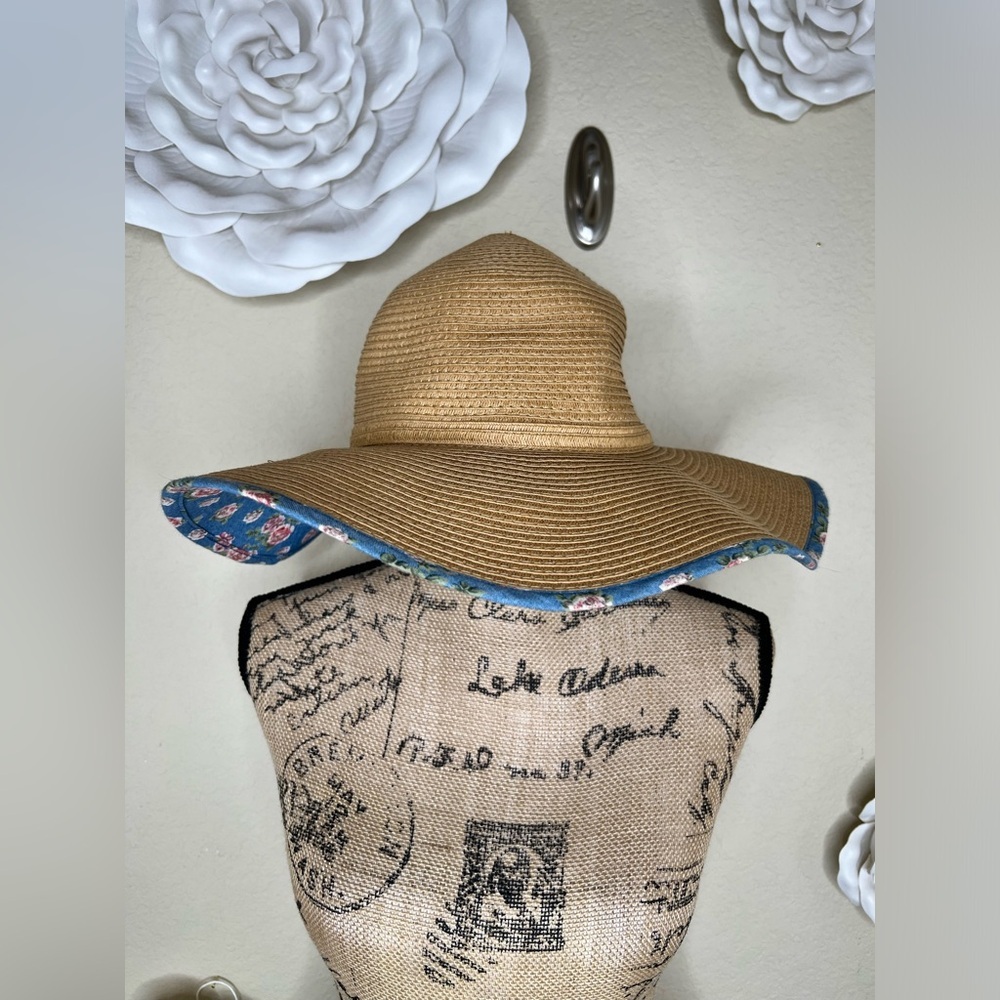 NTM: David & Young Floppy Straw Hat with Blue Floral Print Sz OS
